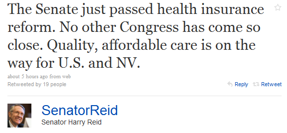 Senator Reid's tweet after HCR Bill Passes Senate